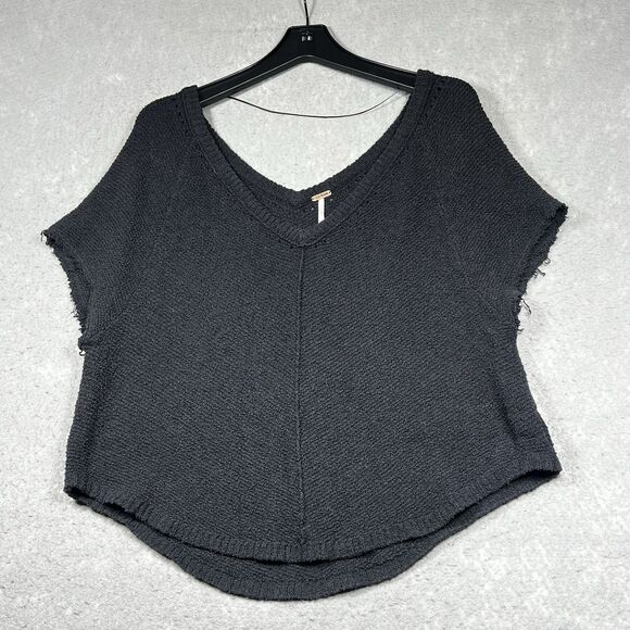 Free People Top Womens Small Black Knit Short Sleeve Sweater Romance Relaxed Fit - Picture 1 of 11